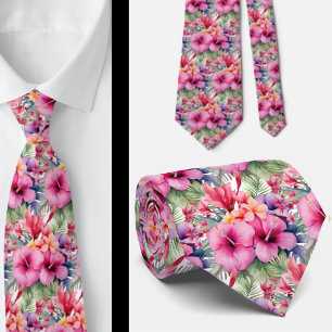 Tropical Hibiscus Flowers Summer Neck Tie