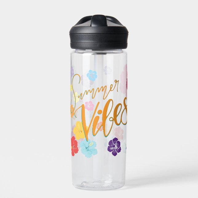 Tropical Hibiscus Flowers & Summer Vibes Water Bottle (Front)