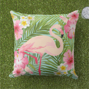 Tropical Hibiscus Flowers with Pink Flamingo Cushion