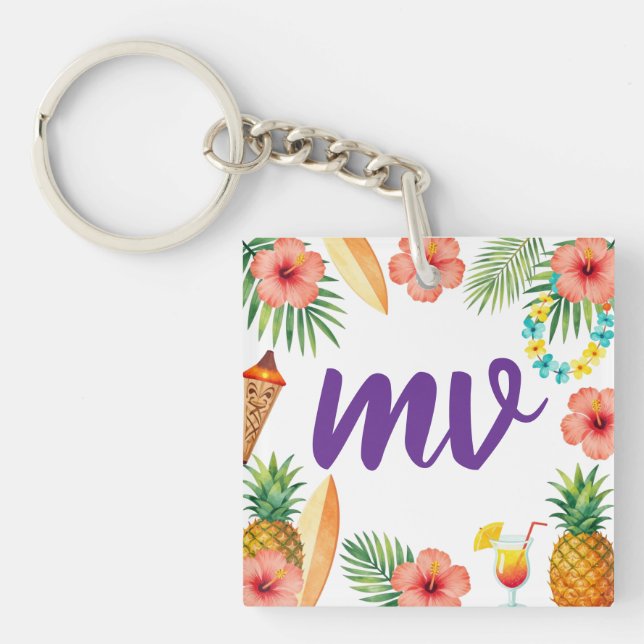 Tropical Hibiscus Frame Aloha Vibes Key Ring (Front)