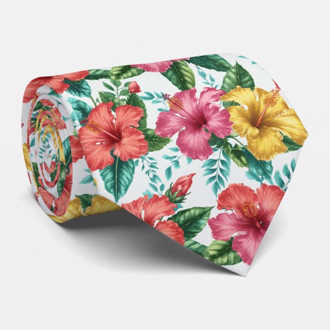 Tropical Hibiscus Garden Floral Pattern Tie (Rolled)