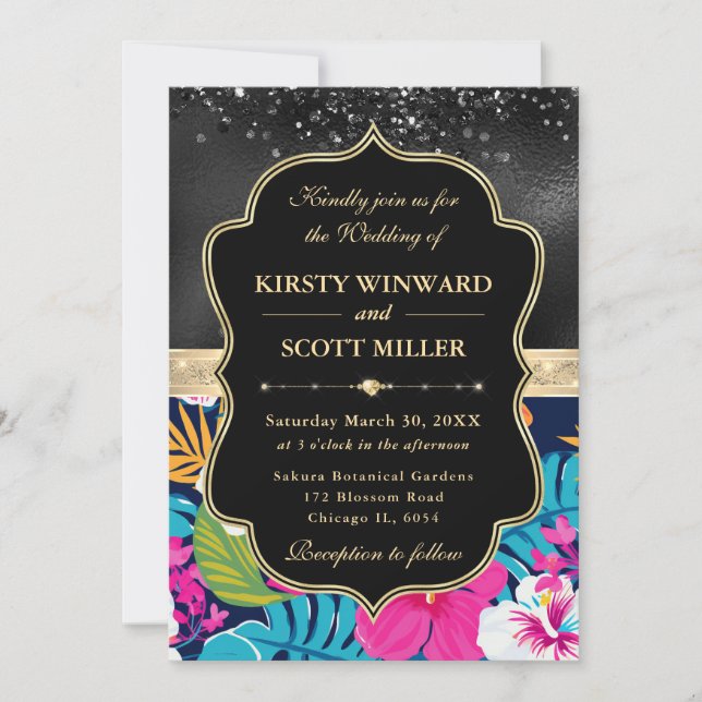 Tropical Hibiscus Glitter Wedding Invitation (Front)