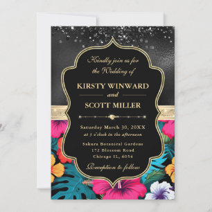 Tropical Hibiscus Glitter Wedding Invitation