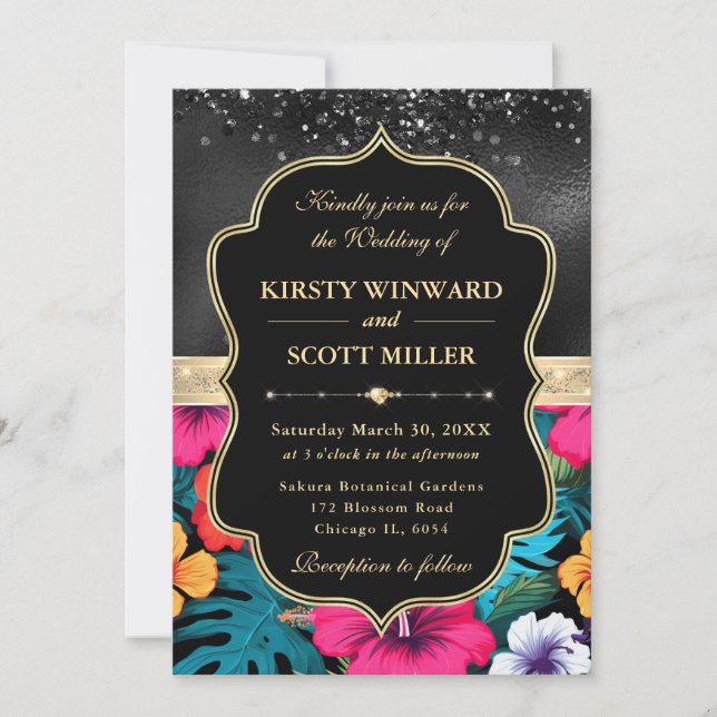 Tropical Hibiscus Glitter Wedding Invitation (Front)