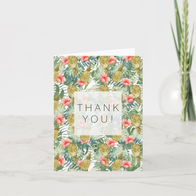 Tropical Hibiscus Gold Pineapples Floral thank you Card (Front)