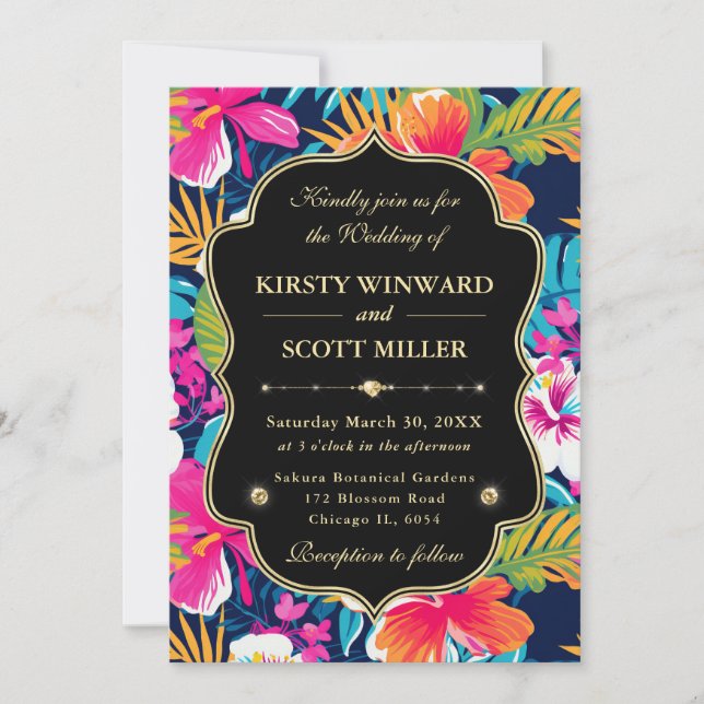 Tropical Hibiscus Gold Wedding Invitation (Front)