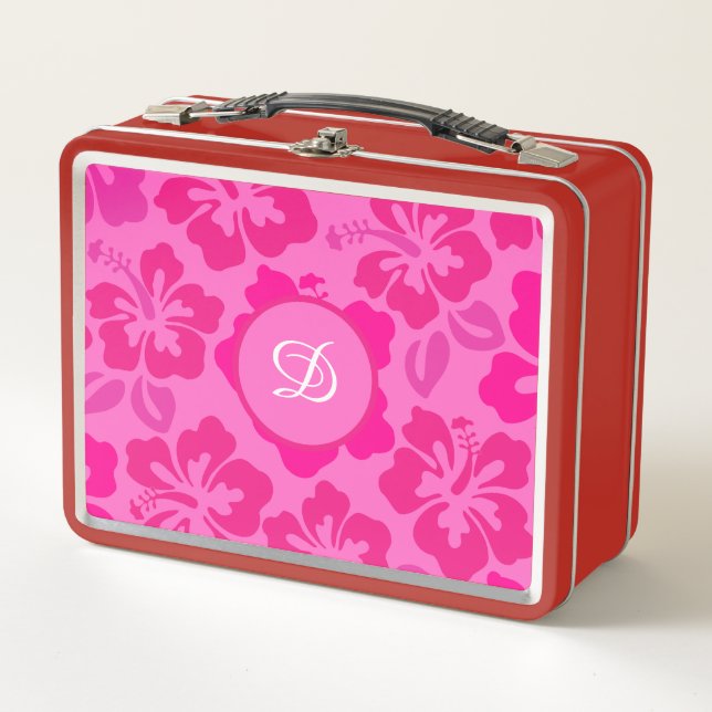 tropical hibiscus hawaii girly floral pattern metal lunch box (Front)