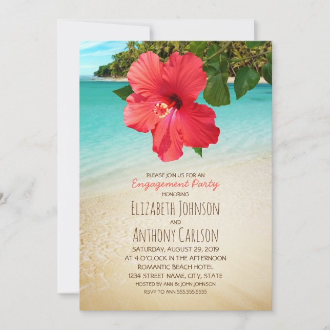 Tropical Hibiscus Hawaiian Beach Engagement Party Invitation (Front)