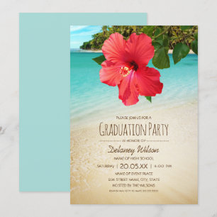 Tropical Hibiscus Hawaiian Beach Graduation Party Invitation