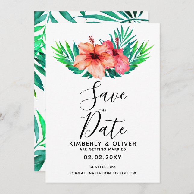 Tropical Hibiscus Hawaiian Beach Wedding Invitation (Front/Back)