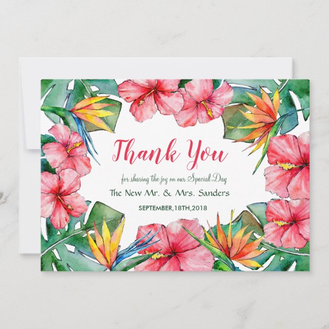 Tropical Hibiscus Hawaiian Wedding Thank You Card (Front)