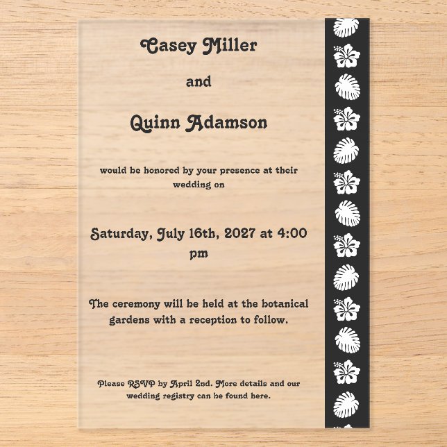 Tropical Hibiscus in Black Acrylic Wedding  Invitations (Front)