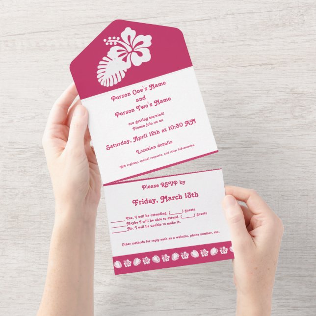 Tropical Hibiscus in Raspberry All In One Invitation (Tearaway)