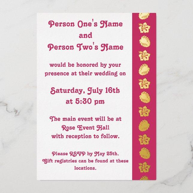 Tropical Hibiscus in Raspberry Foil Invitation (Front)