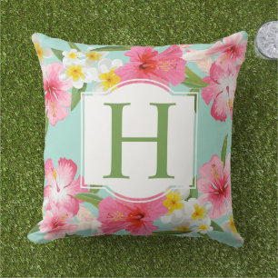 Tropical Hibiscus Monogram Aqua Floral Cushion
