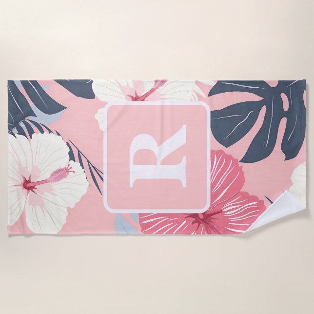 Tropical Hibiscus Monogram personalised Beach Towel (Front)