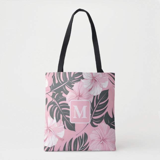 Tropical Hibiscus Monogram Tote Bag (Front)
