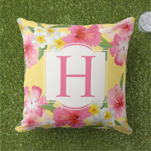 Tropical Hibiscus Monogram Yellow Floral Cushion