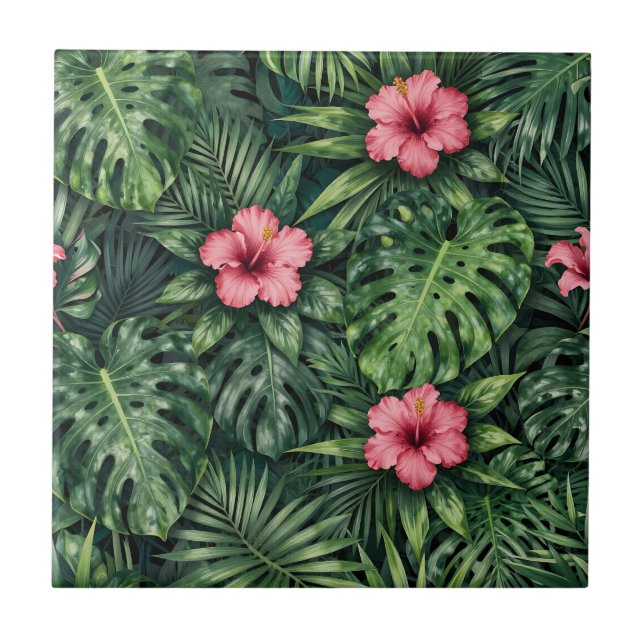 Tropical Hibiscus Monstera Jungle Pattern Ceramic Tile (Front)