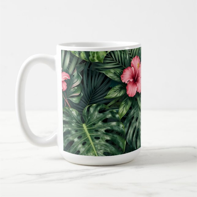Tropical Hibiscus Monstera Jungle Pattern Coffee Mug (Left)