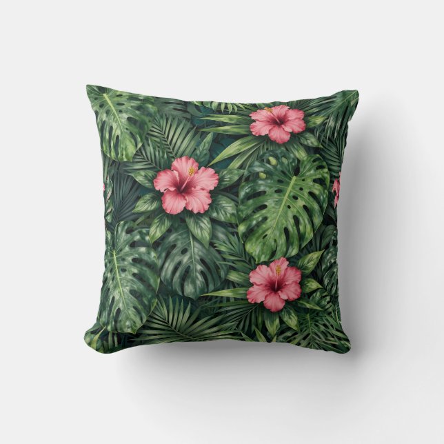 Tropical Hibiscus Monstera Jungle Pattern Cushion (Front)