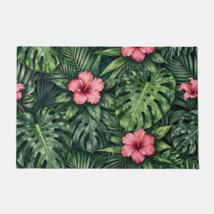 Tropical Hibiscus Monstera Jungle Pattern Doormat
