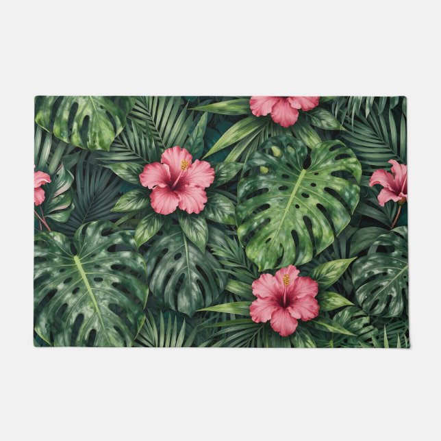 Tropical Hibiscus Monstera Jungle Pattern Doormat (Front)