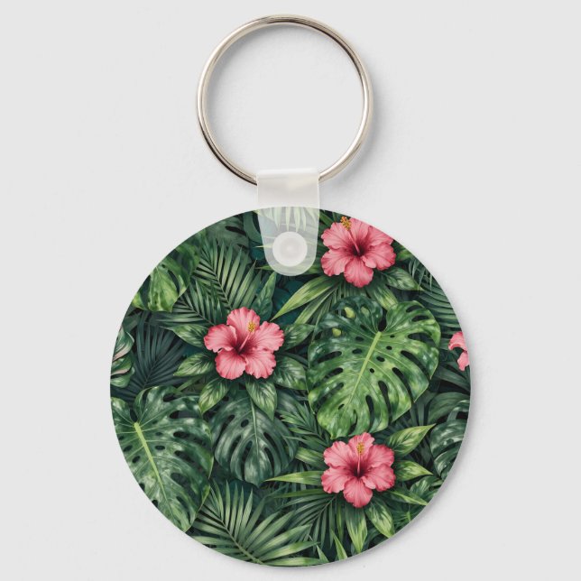 Tropical Hibiscus Monstera Jungle Pattern Key Ring (Front)