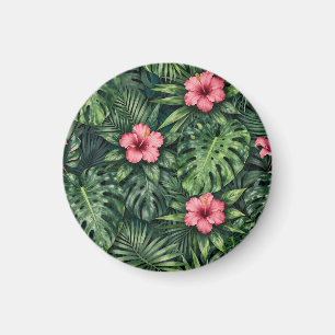 Tropical Hibiscus Monstera Jungle Pattern Magnet