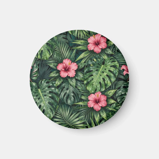 Tropical Hibiscus Monstera Jungle Pattern Magnet (Front)