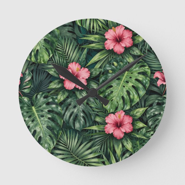 Tropical Hibiscus Monstera Jungle Pattern Round Clock (Front)