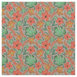 Tropical Hibiscus Monstera Leaf Gray Pattern Fabric