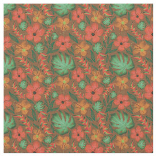 Tropical Hibiscus Monstera Leaf Green Pattern Fabric