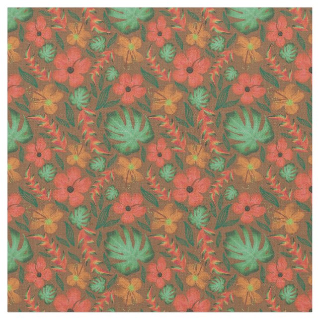 Tropical Hibiscus Monstera Leaf Green Pattern  Fabric (Close Up)