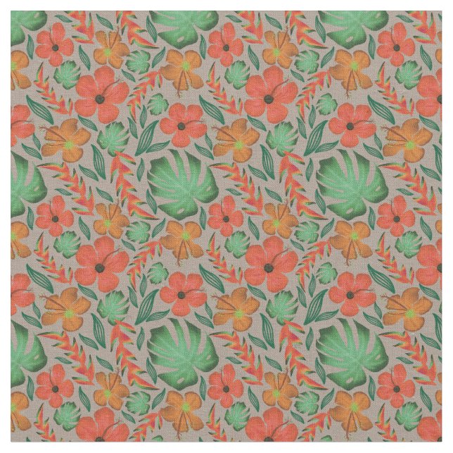Tropical Hibiscus Monstera Leaf Grey Pattern  Fabric (Close Up)