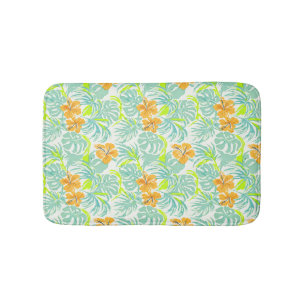 Tropical Hibiscus Monstera Leaf Pattern Home Decor Bath Mat