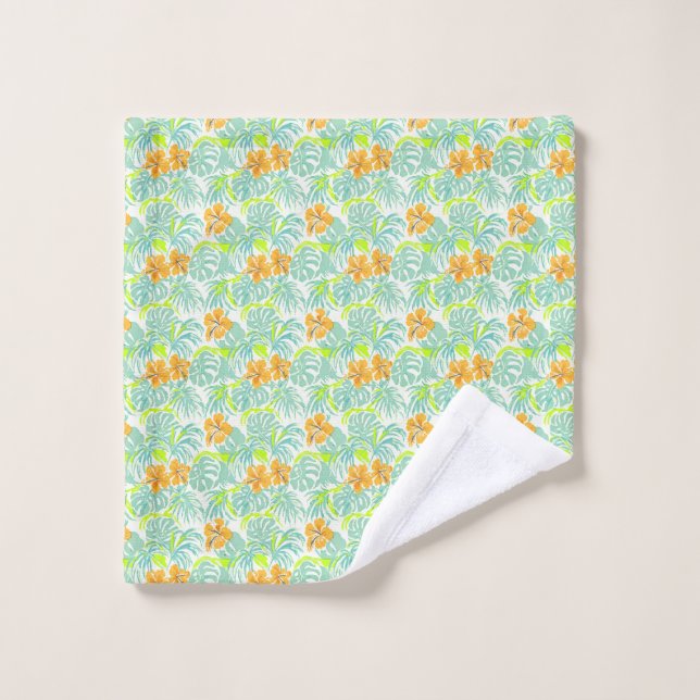 Tropical Hibiscus Monstera Leaf Pattern Home Decor Bath Towel Set (Wash Cloth)