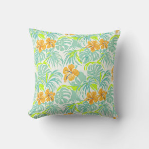 Tropical Hibiscus Monstera Leaf Pattern Home Decor Cushion