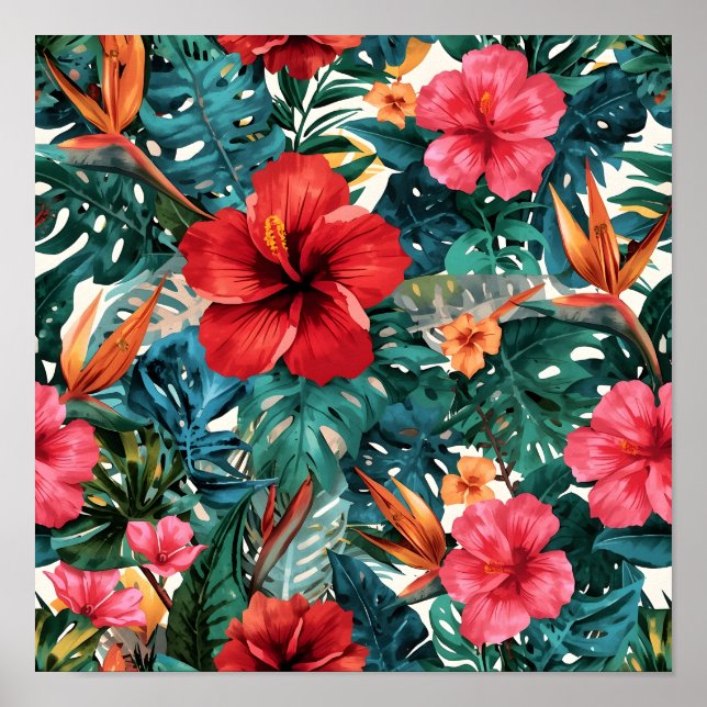 Tropical Hibiscus & Monstera Leaves Pattern Print  (Front)
