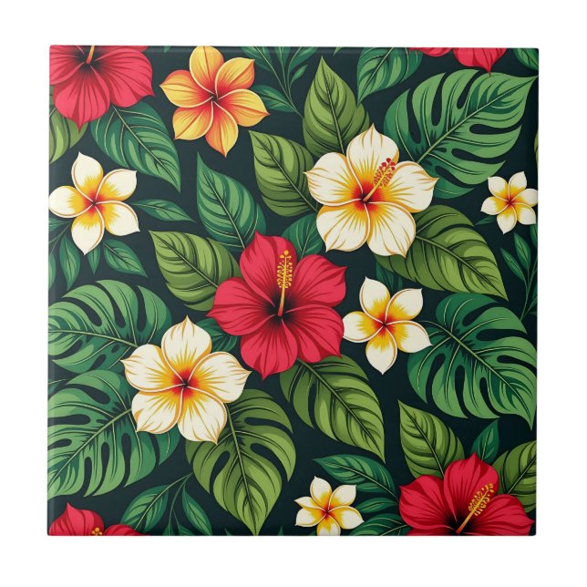 Tropical Hibiscus Monstera Pattern Ceramic Tile (Front)