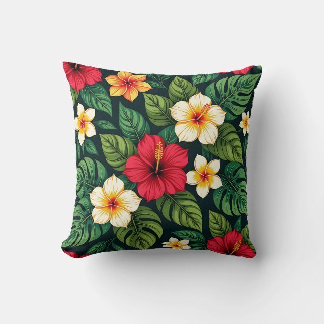 Tropical Hibiscus Monstera Pattern Cushion (Front)