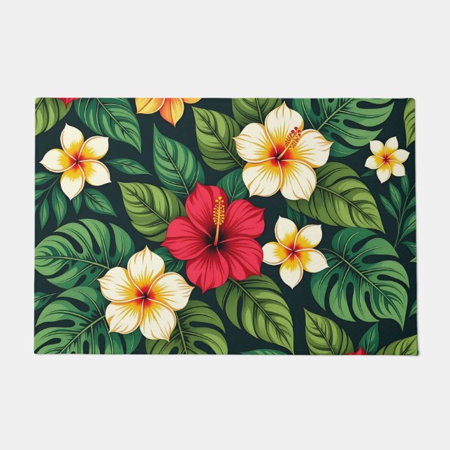 Tropical Hibiscus Monstera Pattern Doormat (Front)