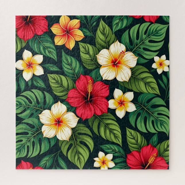 Tropical Hibiscus Monstera Pattern Jigsaw Puzzle (Vertical)