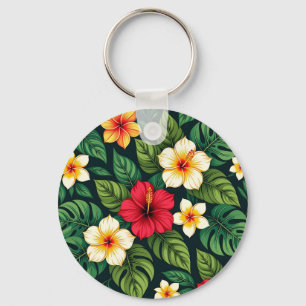 Tropical Hibiscus Monstera Pattern Key Ring