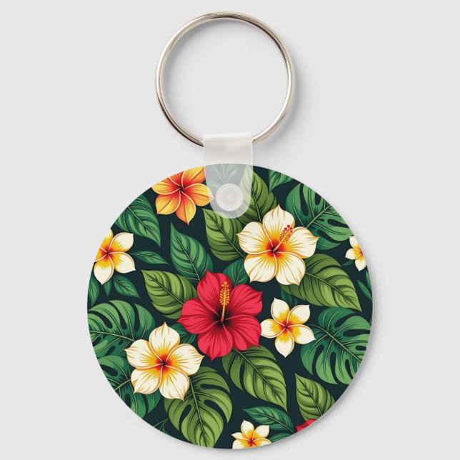 Tropical Hibiscus Monstera Pattern Key Ring (Front)
