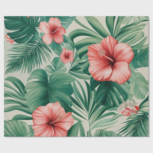 Tropical Hibiscus & Monstera Wrapping Paper (Flat)