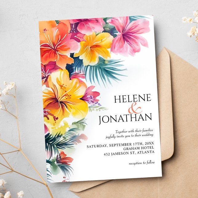 Tropical Hibiscus Ocean Beach Destination Wedding Invitation (Tropical Hibiscus Ocean Beach Destination Wedding Invitation)