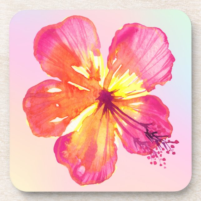 Tropical Hibiscus on Pink Yellow Aqua Ombre Floral Coaster (Front)