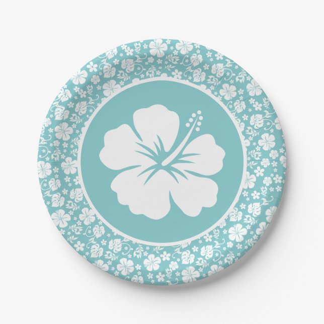 Tropical Hibiscus on Turquoise Paper Plate (Front)