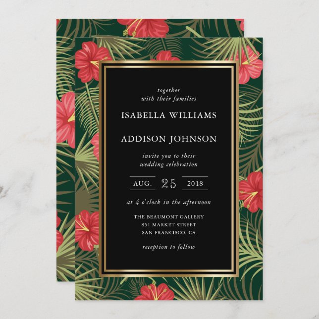 Tropical Hibiscus & Palm Fronds Wedding Invitation (Front/Back)